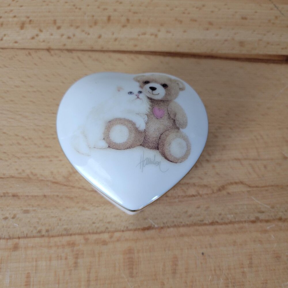 Vintage Otagiri Cat Heart Teddy Bear Ceramic Music Trinket Box Bob Harrison
